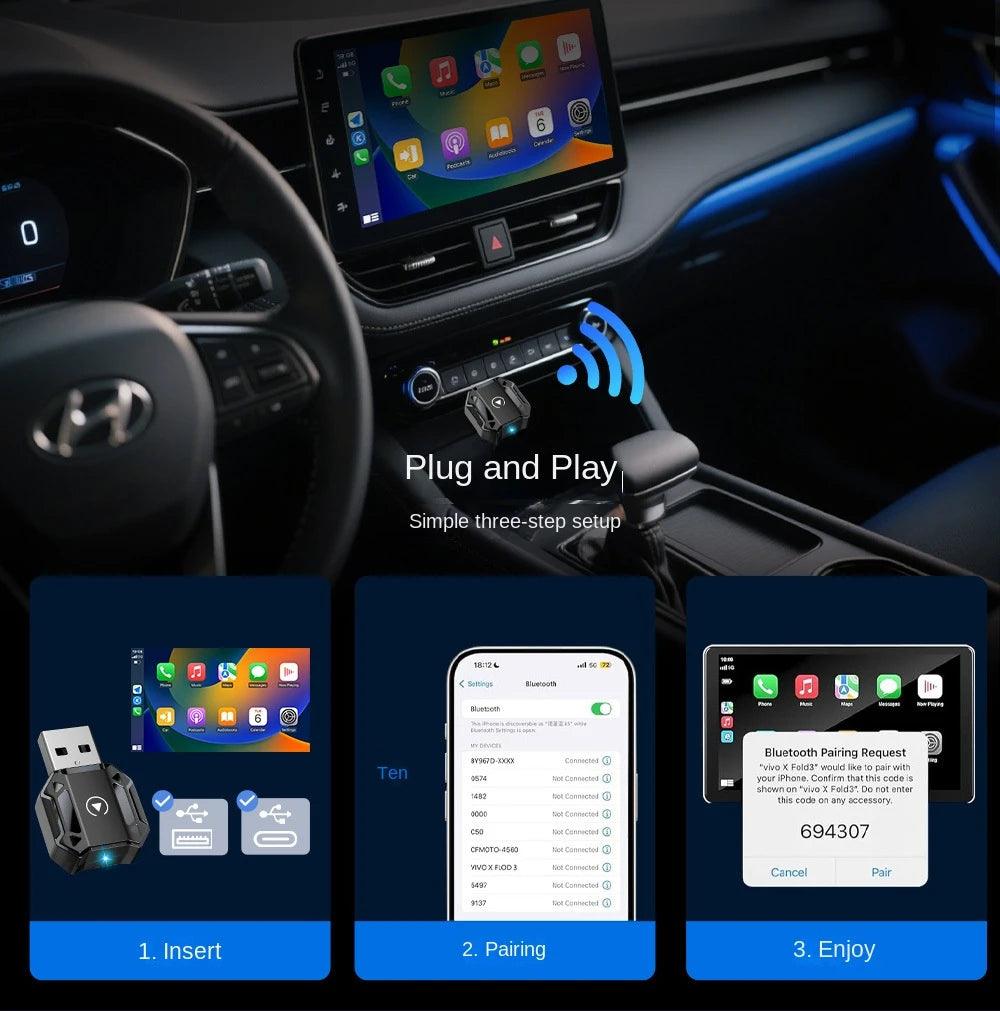 Wireless CarPlay car adapter, iphone, Android car interconnection, two-in-one smart car navigation, music and call function.