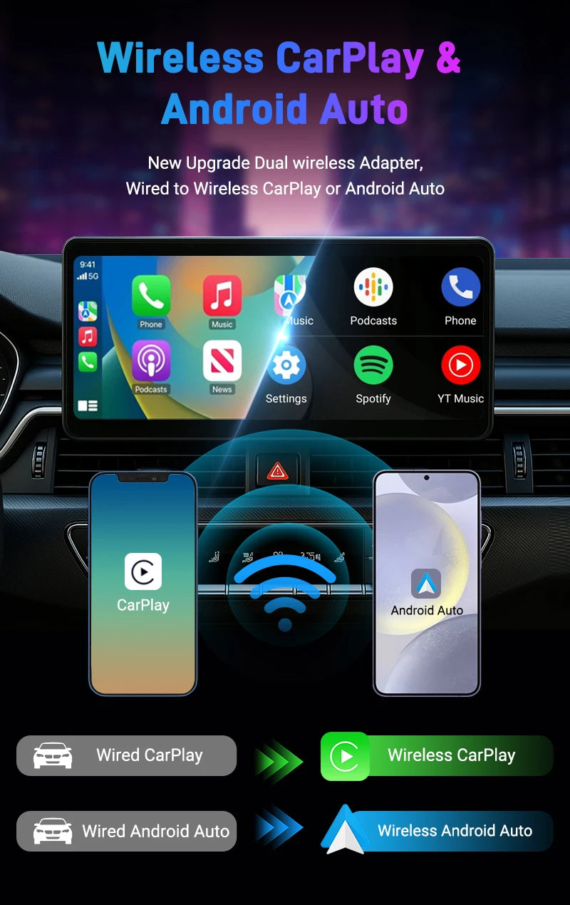 Wireless CarPlay Android Auto Adapter 2025 New Upgrade for 99% Cars 5GHz WiFi &Low-Latency Streaming Plug&Play Wired to Wireless