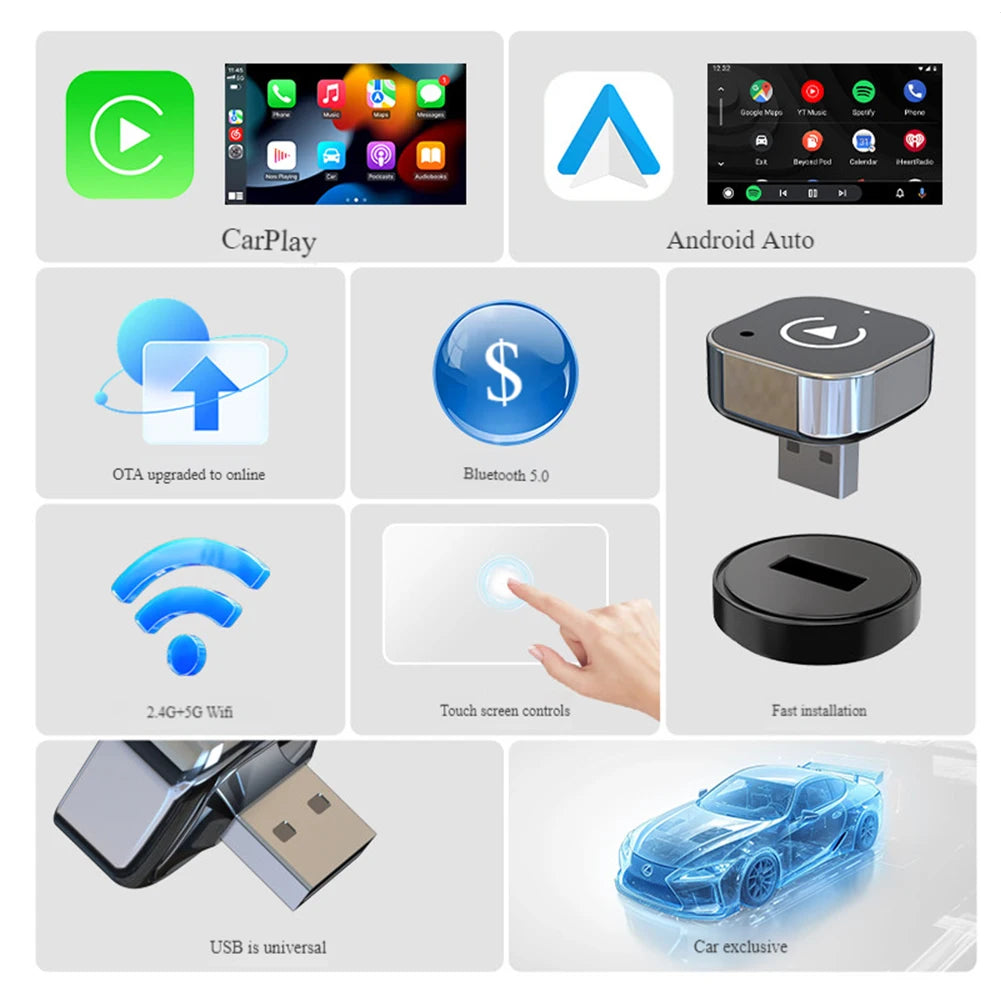 Wireless Android Auto Carplay Box/Adapter Wireless CarPlay Adapter Convert Wired To Wireless Auto Connect for Factory Wired Cars