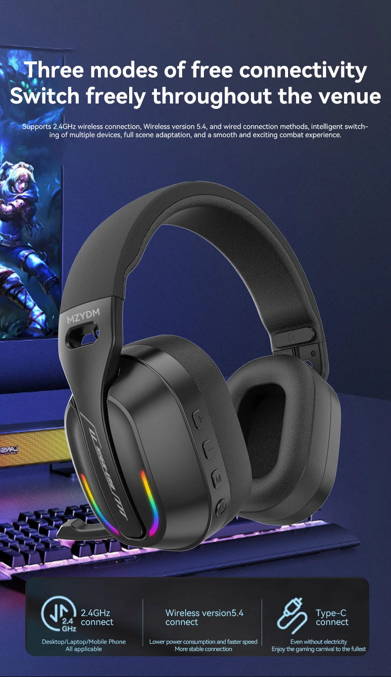 Wireless Gaming Headset: 2.4G/Wired/Bluetooth Headphones 3 Modes, Bendable HD Mic, Soft Ear Pads, Immersive Sound for PC/PS4/PS5