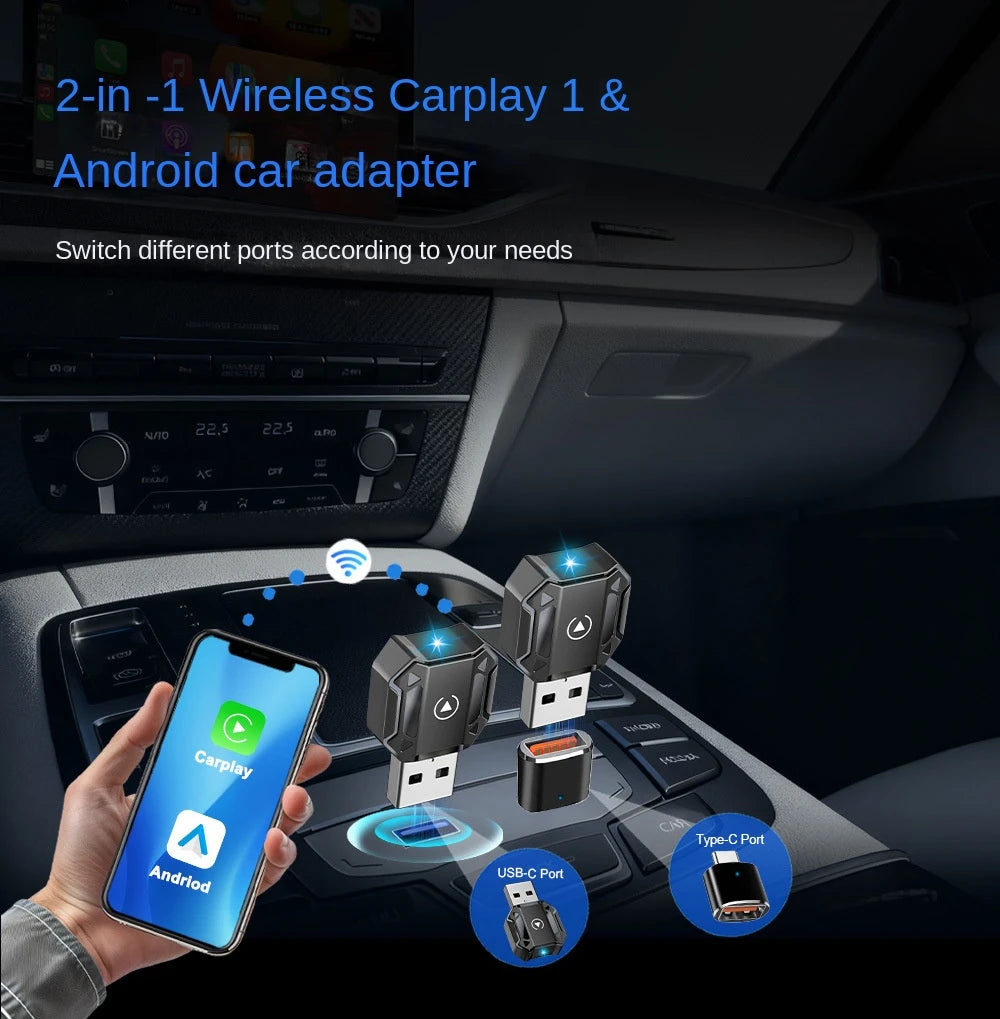 Wireless CarPlay car adapter, iphone, Android car interconnection, two-in-one smart car navigation, music and call function.
