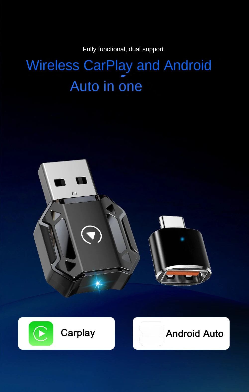 Wireless CarPlay car adapter, iphone, Android car interconnection, two-in-one smart car navigation, music and call function.