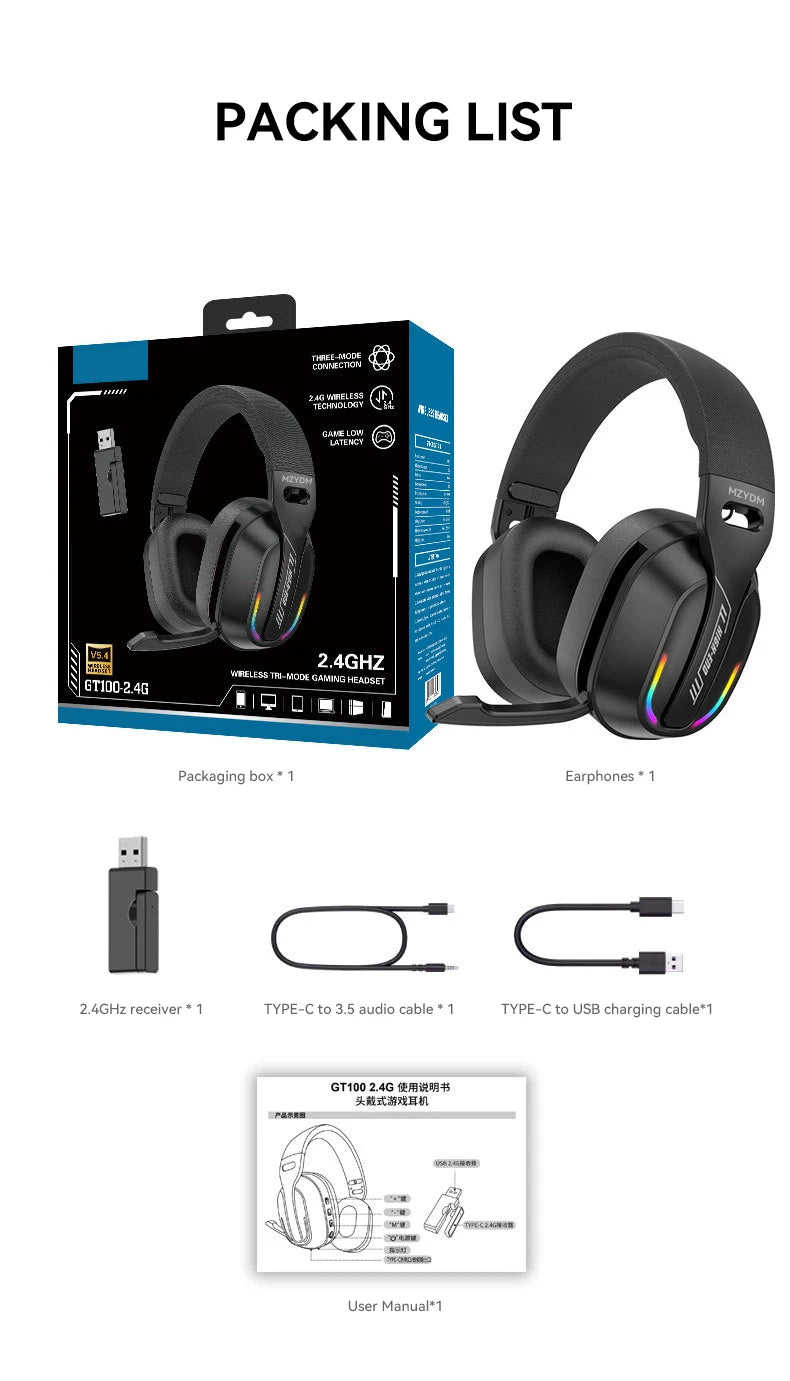 Wireless Gaming Headset: 2.4G/Wired/Bluetooth Headphones 3 Modes, Bendable HD Mic, Soft Ear Pads, Immersive Sound for PC/PS4/PS5