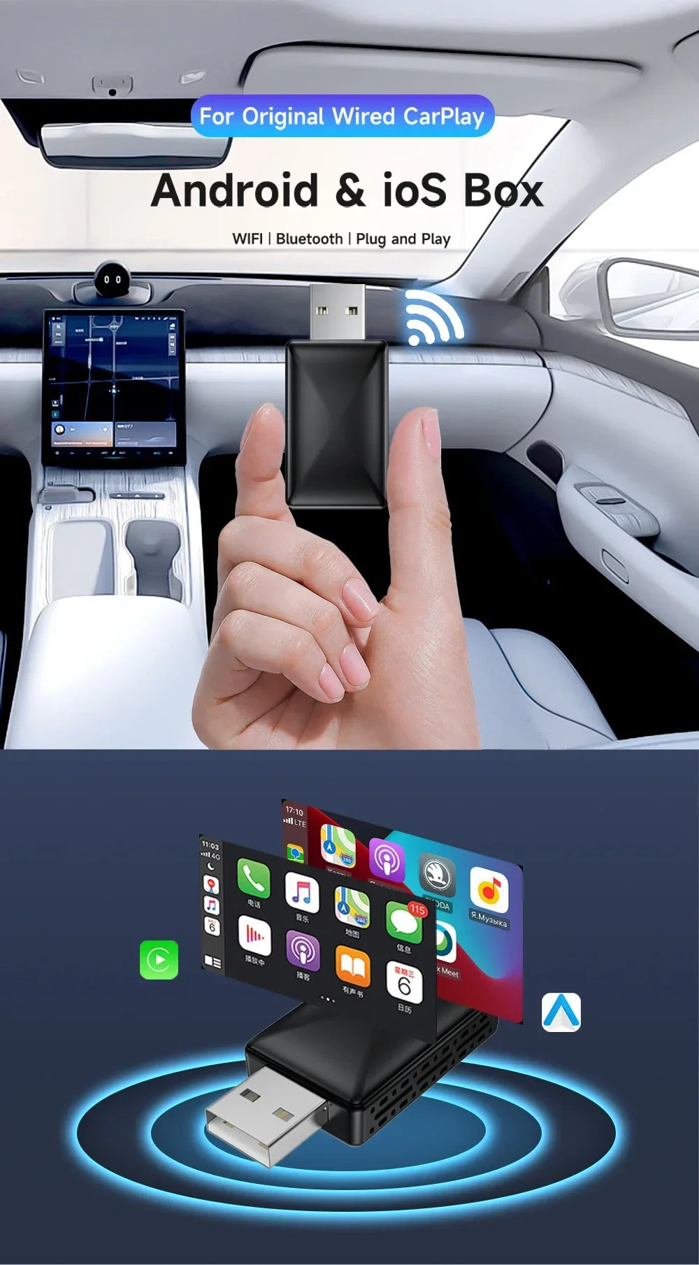 Carplay Android Auto Wireless Adapter Car Intelligent Systems Tools Cars Accessories Wired To Wireless Carplay Wireless Adapter