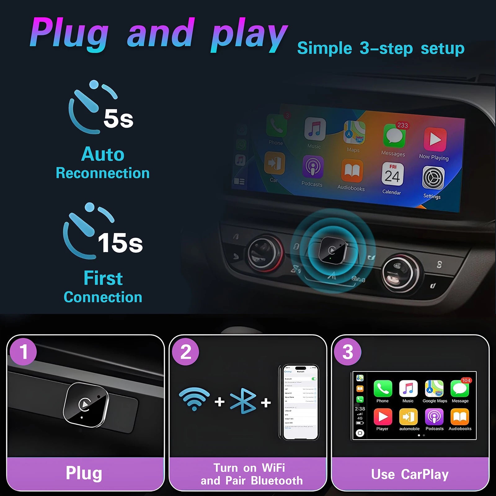 2 IN 1 Wireless Carplay Adapter, Converts Wired to Wireless carplay Adapter for iPhone, Wireless Control Plug & Play Carplay