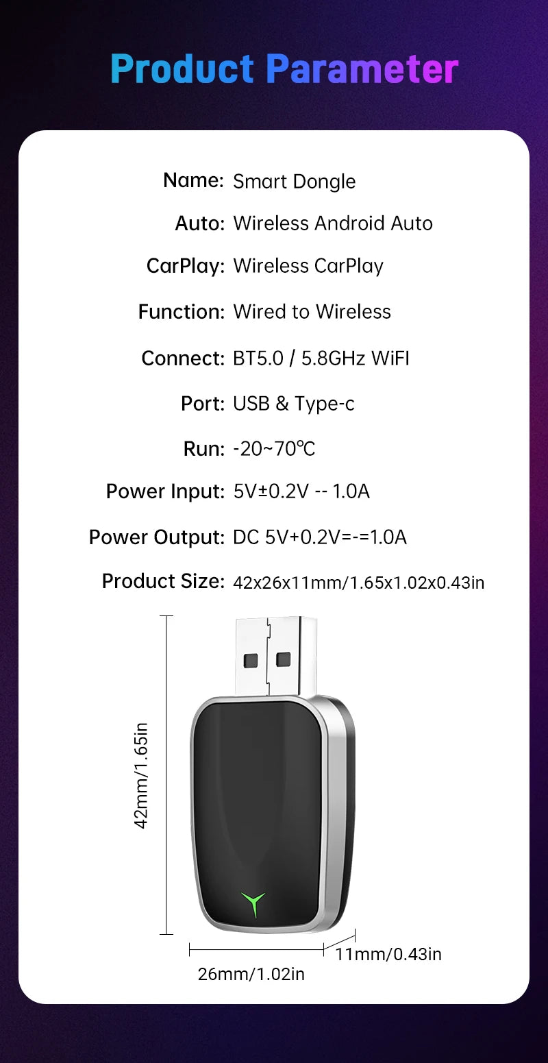 Wireless CarPlay Android Auto Adapter 2025 New Upgrade for 99% Cars 5GHz WiFi &Low-Latency Streaming Plug&Play Wired to Wireless