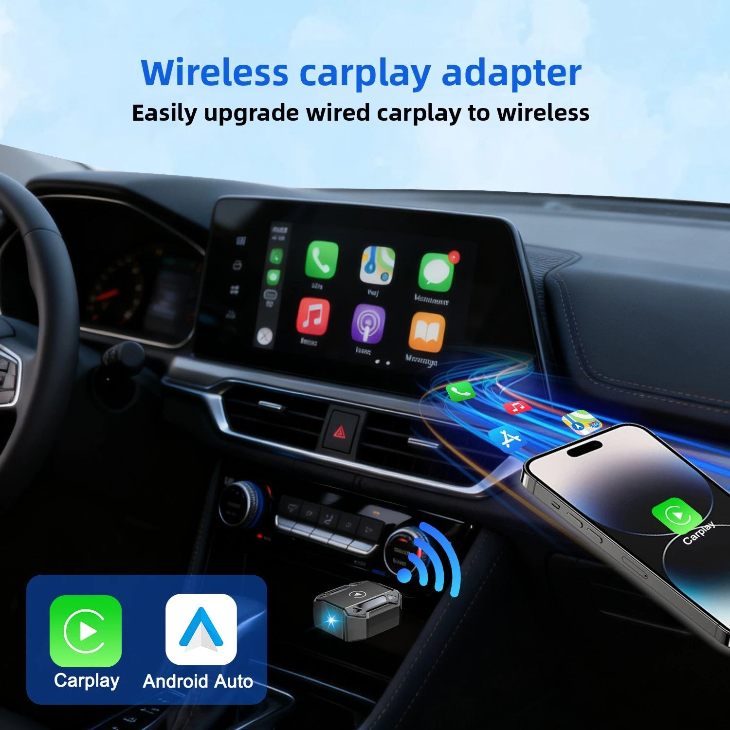 Wireless CarPlay car adapter, iphone, Android car interconnection, two-in-one smart car navigation, music and call function.