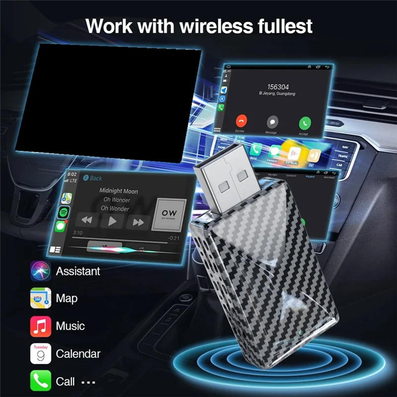ABAC-Wireless Carplay Adapter Carbon Fiber Shell 2In1 Wireless Carplay Android Auto Plug And Play