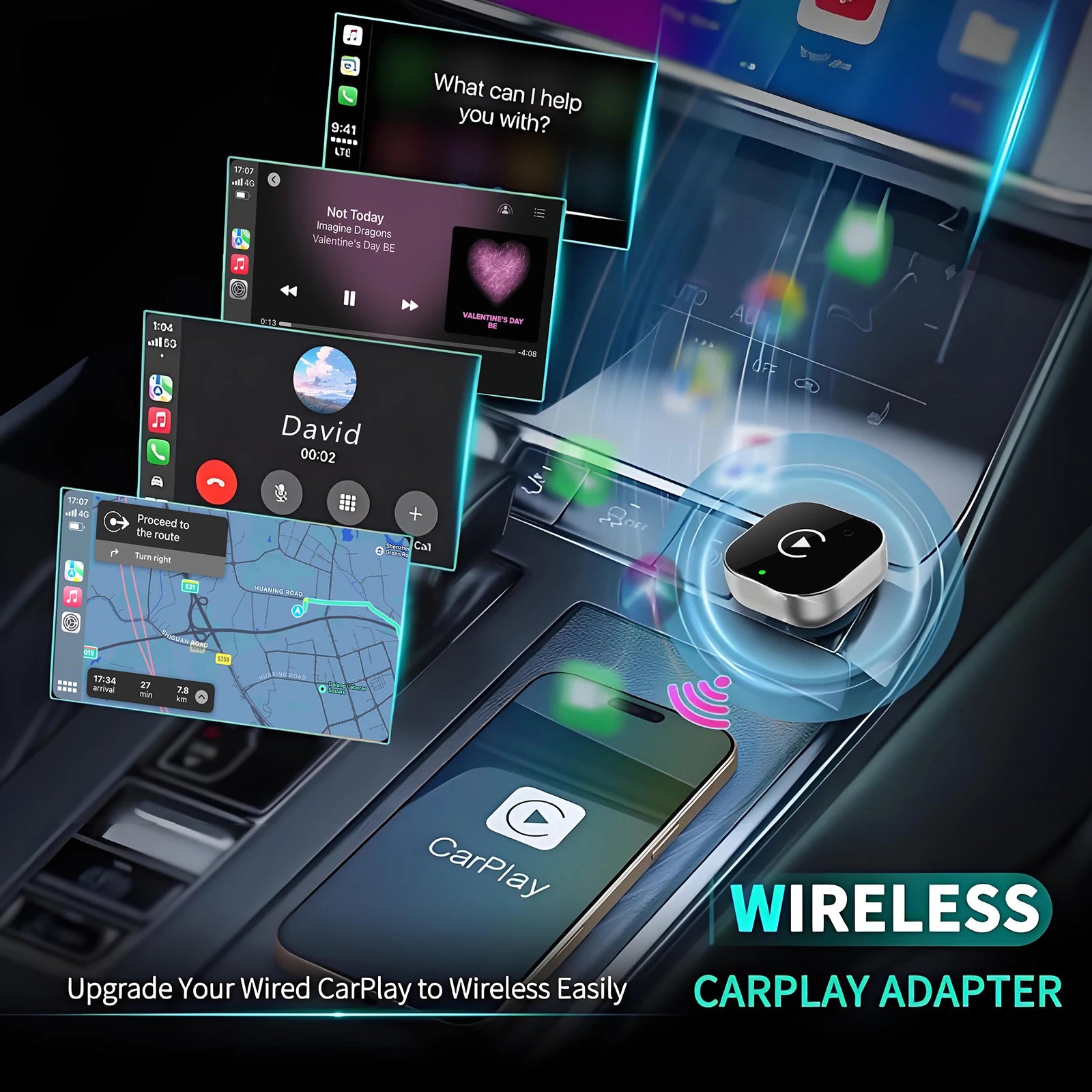 2 IN 1 Wireless Carplay Adapter, Converts Wired to Wireless carplay Adapter for iPhone, Wireless Control Plug & Play Carplay