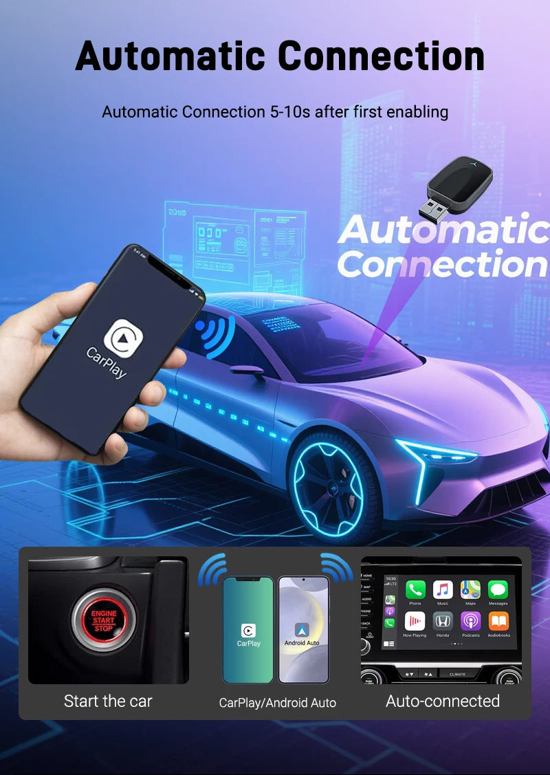 Wireless CarPlay Android Auto Adapter 2025 New Upgrade for 99% Cars 5GHz WiFi &Low-Latency Streaming Plug&Play Wired to Wireless