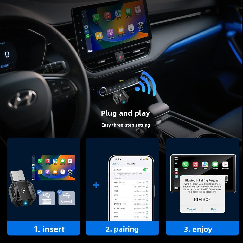 Wireless CarPlay car adapter, iphone, Android car interconnection, two-in-one smart car navigation, music and call function.